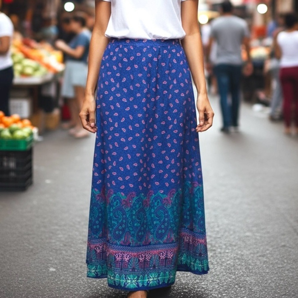 Truth Women's size M Blue Pink Paisley Floral pattern Maxi Skirt lightweight - Picture 1 of 8